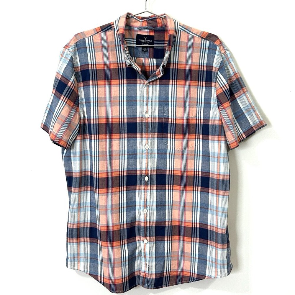 AMERICAN EAGLE XL Seriously Soft Plaid Button Down Shirt Coral Blue Cotton SS